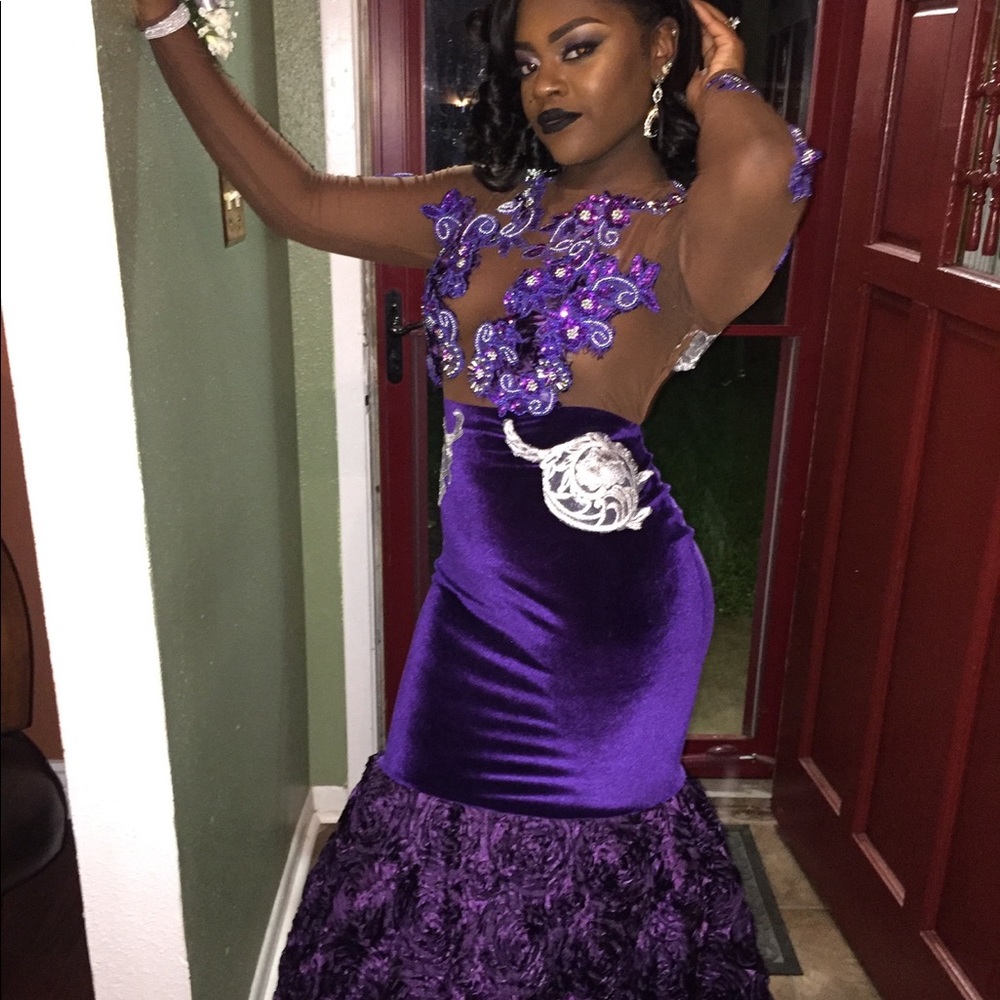 Purple beaded rhinestoned prom ball gown